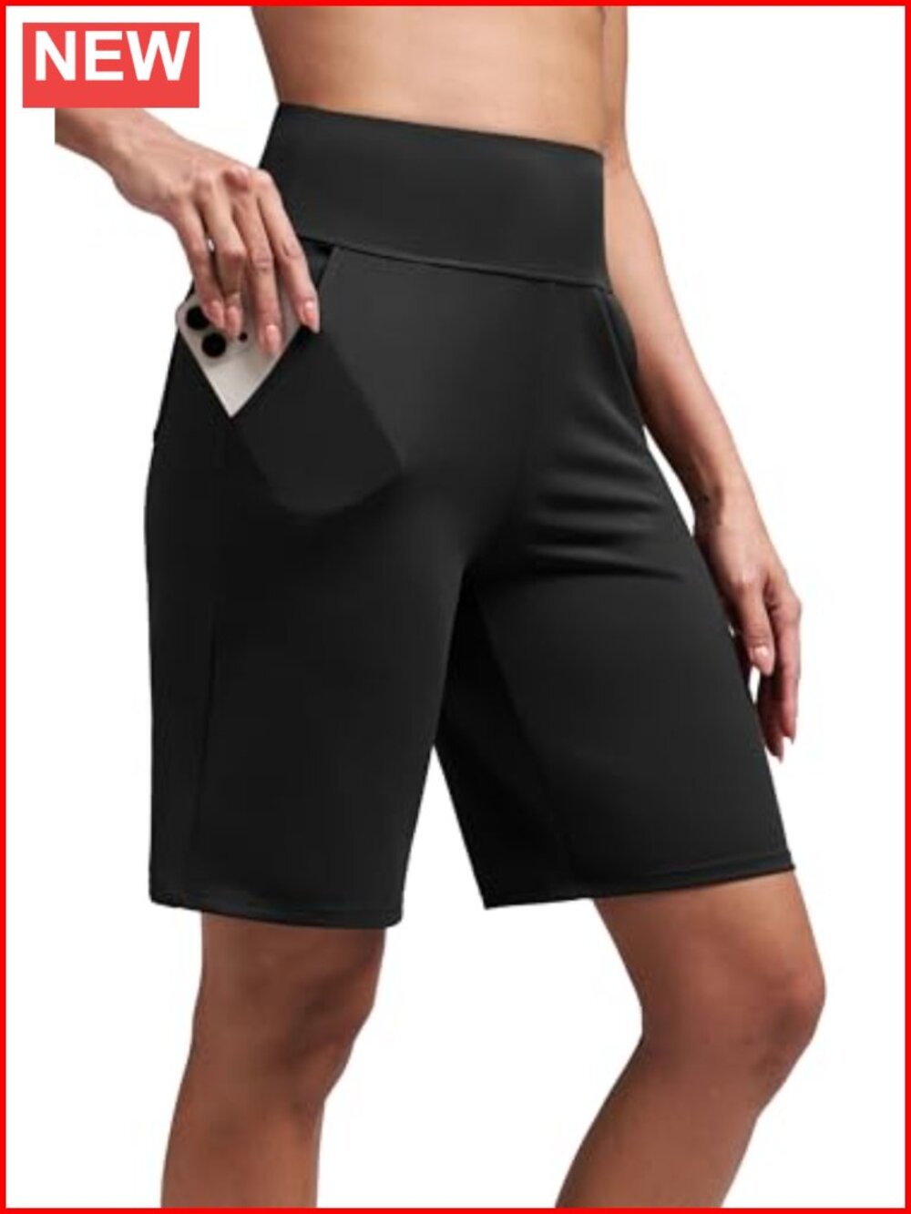 High-Waisted Bermuda Long Shorts with Pockets Knee Length Biker Workout